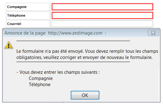 message pour erreur du formulaire