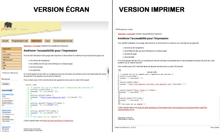 CSS impression - version écran version imprimer